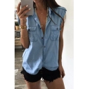 Womens Summer Cool Simple Plain Button Front Pocket Chest Casual Loose Blue Denim Shirt