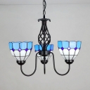 3 Lights Dome Chandelier Mediterranean Style Glass Glass Hanging Lamp in Blue for Hotel Foyer
