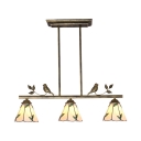 Cafe Restaurant Cone Chandelier with Leaf & Bird Glass 3 Lights Rustic Style Island Pendant