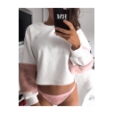 Color Block Fluffy Patched Long Sleeve Round Neck White Cotton Crop Sweatshirt