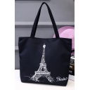 Fashion Letter Paris Eiffel Tower Printed Black Canvas School Shoulder Bag 33*8*40 CM