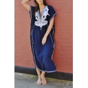 New Stylish V-Neck Short Sleeve Floral Print Maxi Loose Beach Navy Dress For Women