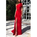 Women's Stylish One Shoulder Sleeveless Plain Split Hem Floor Length Shift Red Dress