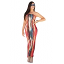 Women's Sexy Hot Fashion Off The Shoulder Tie-dye Printed Bandeau Maxi Polyester Red Dress