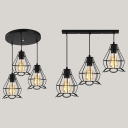 Metal Cage Ceiling Lamp Hallway 3 Lights Industrial Linear/Round Canopy Pendant Light in Black