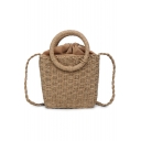 Summer Fashion Plain Ring Handle Straw Tote Bag Portable Beach Bag 17.5*8*16.5 CM