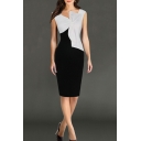 Hot Fashion Chic Bow-Knotted Front V-Neck Sleeveless Black and White Two-Tone Pencil Dress