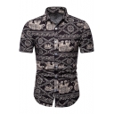 Ethnic Style Elephant Printed Short Sleeve Button Up Slim Fit Black Shirt for Men