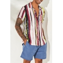 Fashion Vertical Stripe Print Short Sleeve Summer Guys Casual Beach Camp Shirt