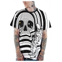 New Fashion Stripe Skull Astronaut Print Round Neck Short Sleeve Loose Relaxed T-Shirt