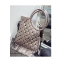 Designer Solid Color Rivet Embellishment Round Handle Fringe Shoulder Bag Handbag 35*2*32 CM