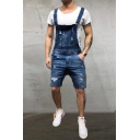 Guys Stylish Distressed Ripped Denim Rompers Shorts Bib Overalls