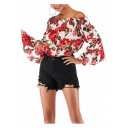 Trendy Chic Red Floral Pattern Off the Shoulder Flared Sleeve Chiffon Blouse