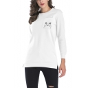 Lovely Cartoon Cat Print Round Neck Long Sleeve Split Hem Longline Sweatshirt for Women