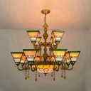 Stained Glass Craftsman Chandelier 13 Lights Tiffany Style Hanging Lamp with Crystal for Villa