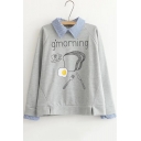 G'MORNING Letter Toast Omelette Coffee Fork Printed Fake Two Pieces Plaid Lapel Long Sleeve Sweatshirt