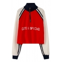 Cool Letter CUTE PSYCHO Printed Zipper Stand Collar Colorblock Striped Printed Cropped Sweatshirt