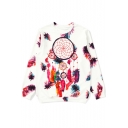 Stylish White Feather Dream Catcher Printed Round Neck Long Sleeve Casual Sweatshir
