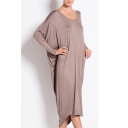Womens New Trend Basic Simple Solid Color Long Sleeve V-Neck Casual Loose Maxi Slouchy Dress