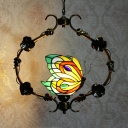 1 Light Butterfly Ceiling Pendant with Flower Rustic Metal Hanging Light in Aged Brass for Restaurant