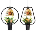 1 Light Bloom Hanging Light Tiffany Rustic Stained Glass Ceiling Light with Pot for Restaurant