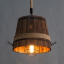 Rustic Style Barrel Pendant Light 1 Light Rope Wood Hanging Light in Brown for Cafe Bar