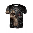 Unique Cool Iron Skull Pattern Short Sleeve Round Neck Black T-Shirt