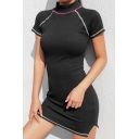 Cool Contrast Piping High Neck Short Sleeve Split Side Mini Bodycon Black Dress