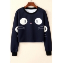 Girls Cute Cartoon Big Eyes Cat Printed Round Neck Long Sleeve Cropped Black Sweatshirt