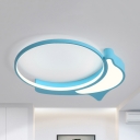 Dolphin Kindergarten Flush Mount Light Acrylic Nordic Style Third Gear/Warm/White LED Ceiling Light in Blue/Pink