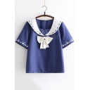 Chic Bow-Tied Embellished Front Cartoon Cat Print Short Sleeve Loose Fit T-Shirt