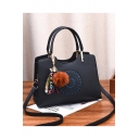 Fashion Hollow-out Detail Letter Ribbon Plush Ball Embellishment PU Soft Leather Work Satchel Bag 28*12*21 CM