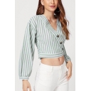 Light Green Striped Printed Button Down Surplice V-Neck Long Sleeve Cropped Blouse