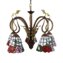 Stained Glass Flower Chandelier with Leaf 5 Lights Tiffany Style Pendant Light for Dining Room