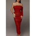 Womens Hot Fashion Sexy Off the Shoulder One Shoulder Long Sleeve Split Side Mesh Ruched Midi Bodycon Dress