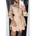 New Stylish Plain Bow-Tie Waist Long Sleeve Stand Collar Button-Front Lace Mesh Detail Mini A-Line Apricot Dress for Women