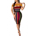Women's Colorblock Stripe Printed Off Shoulder Patchwork Mini Bodycon Dress