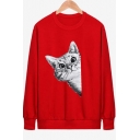 Cute Cartoon Cat Printed Round Neck Long Sleeve Unisex Sweatshirt