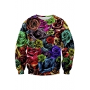 Fashion 3D Floral Printed Basic Round Neck Long Sleeve Pullover Sweatshirt