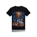 Cool Heavy Metal Motor Skull Printed Round Neck Short Sleeve Black T-Shirt