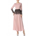 Retro Ethnic Style Round Neck Long Sleeve Chic Lace Panel Maxi Muslim A-Line Dress