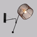 1 Light Drum Shade Sconce Lamp Simple Style Fabric Metal Angle Adjustable Wall Lamp in Black for Restaurant