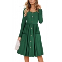 Basic Simple Round Neck Long Sleeve Button Front Midi A-Line Pleated Dress
