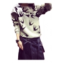 Popular Allover Swallow Pattern Round Neck Long Sleeve Grey Pullover Sweatshirt