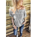 Womens Summer Hot Popular Solid Color One Shoulder Short Sleeve Relaxed T-Shirt