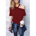 New Stylish Simple Solid Color Cold Shoulder Short Sleeve T-Shirt for Women