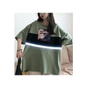 Summer Cool Comic Eye Printed Reflective Tape Patched Oversized Loose Tunic T-Shirt