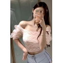 Girl Trendy Off the Shoulder Mesh Panel Short Sleeve Slim Fitted Cropped Lace T-Shirt