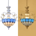 Restaurant Dome Shade Pendant Lamp Glass 2 Lights Mediterranean Style Suspension Light