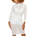 Sexy Hot drilling Embellished Solid Color Mock Neck Long Sleeve Sheer Mesh Mini Pencil Dress